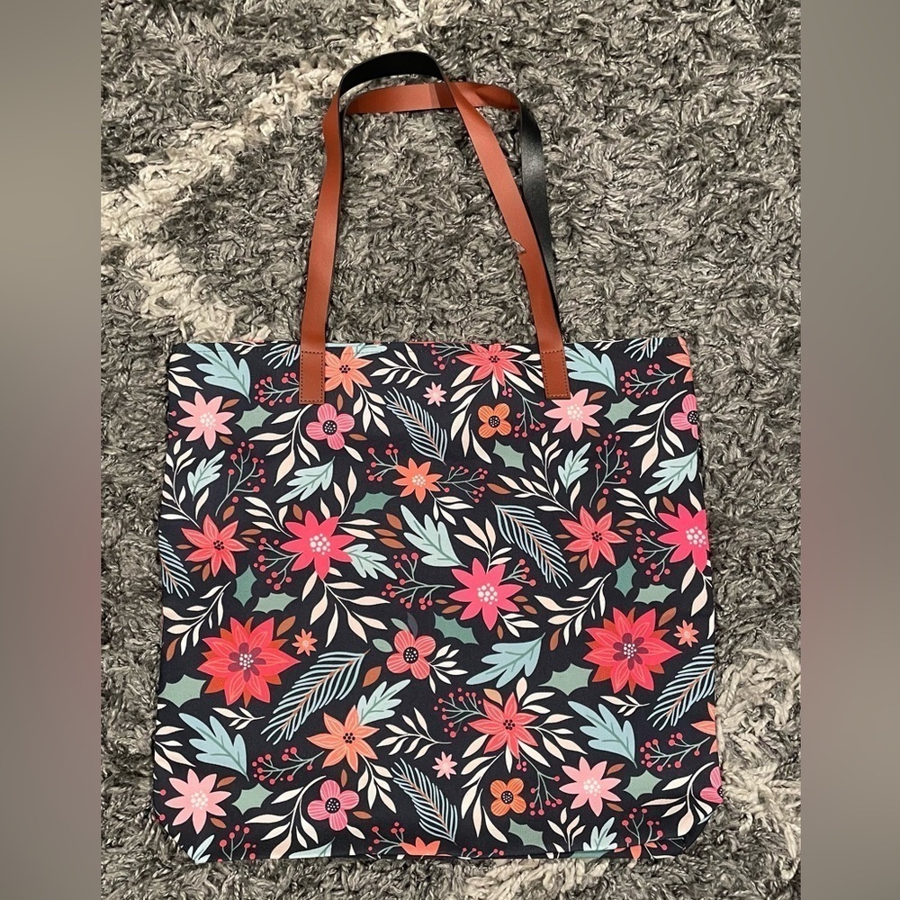Black Brown Pink Floral Tote Bag for Work,Travel,Beach,Shopping,School - Picture 2 of 9
